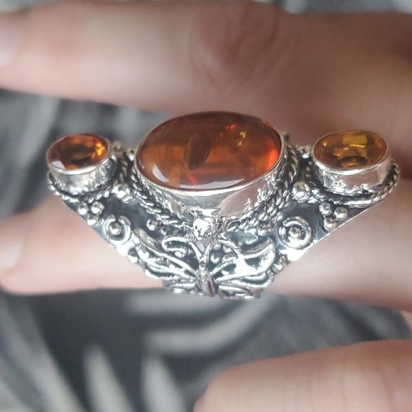 New Baltic Amber & Citrine 925 Silver Butterfly Statement Ring. - Picture 8 of 13